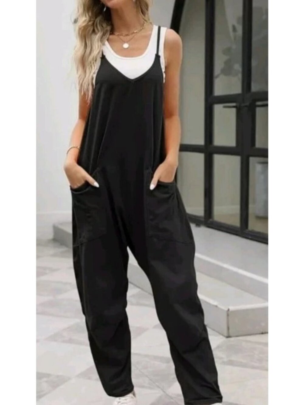 Trendy Queen Size Small Black Casual Loose Fit Jumpsuit With Pockets.